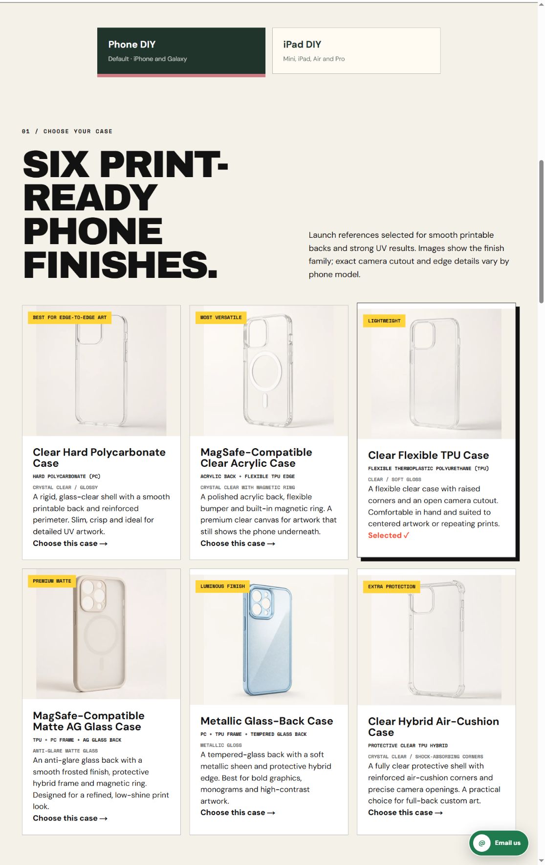 Actual CasePop material selector with Clear Flexible TPU Case selected on October 14