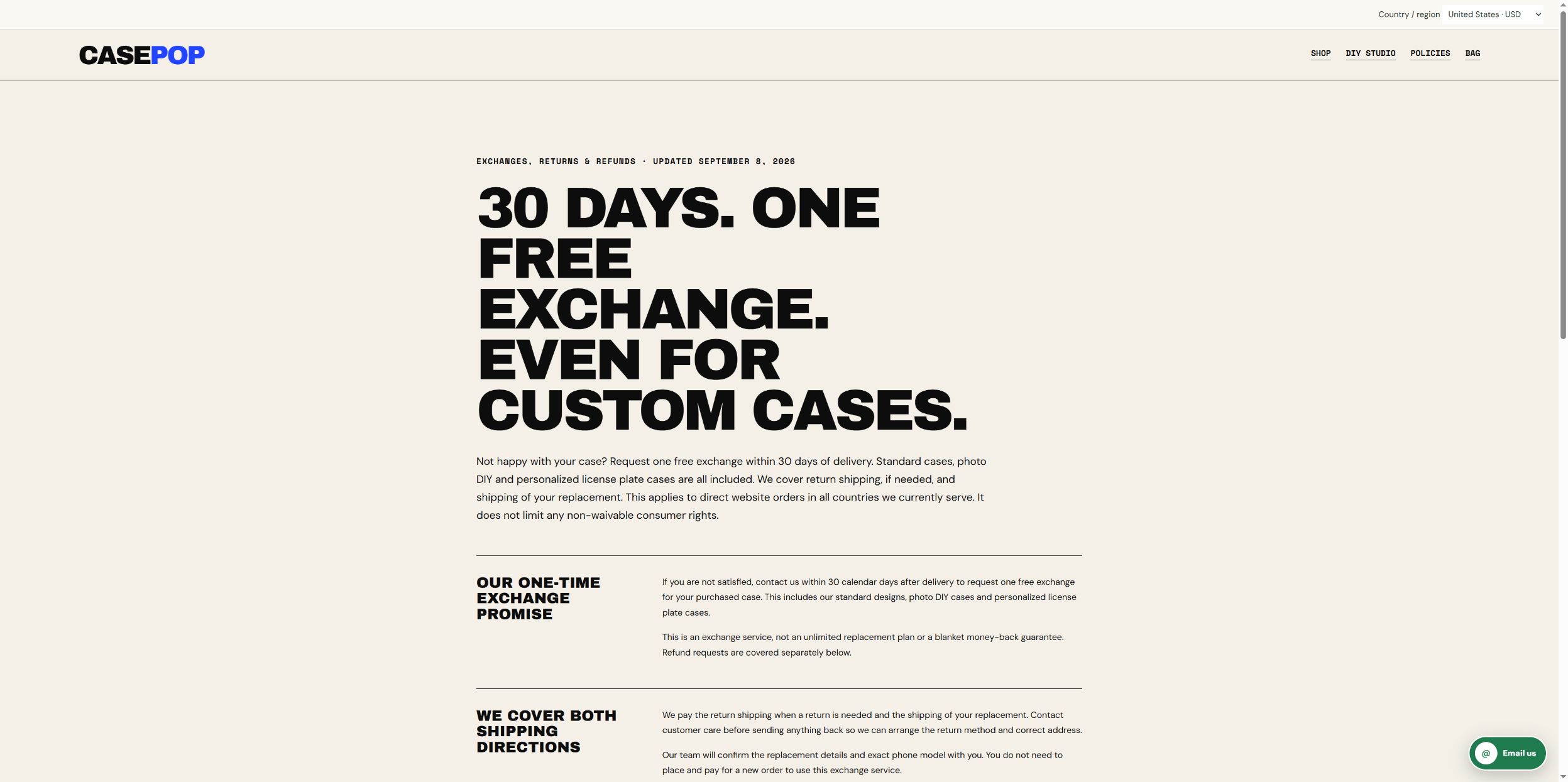 Actual CasePop policy page showing one free exchange within 30 days of delivery, including custom cases