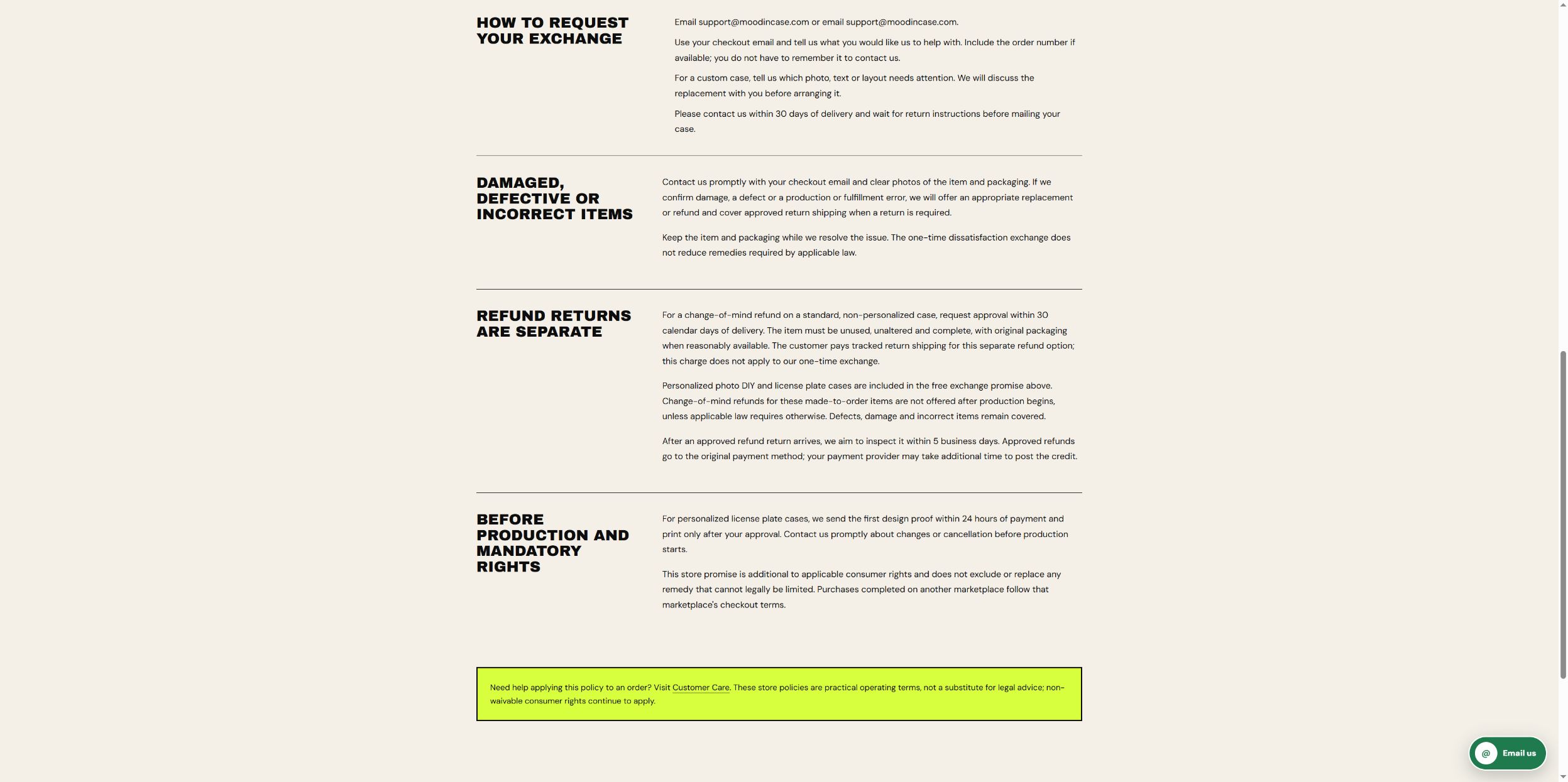 Actual CasePop policy sections distinguishing standard-case refund returns, personalized cases after production, and damaged or incorrect items