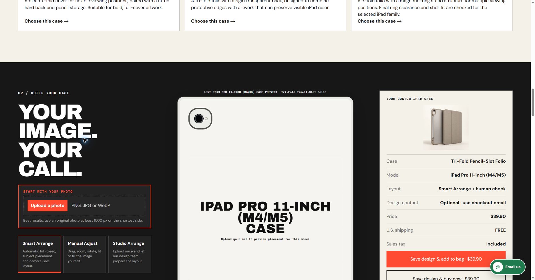 Actual CasePop iPad DIY editor: M4/M5 group selected, Tri-Fold Pencil-Slot Folio and $39.90 summary