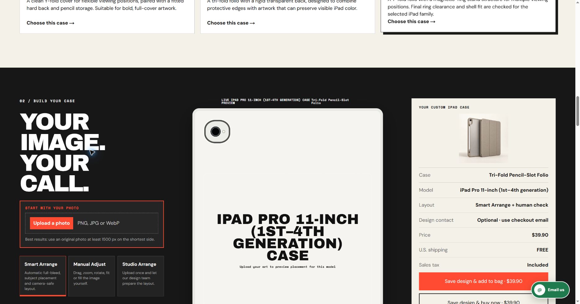 Actual CasePop iPad DIY editor: Older generation group selected, Tri-Fold Pencil-Slot Folio and $39.90 summary