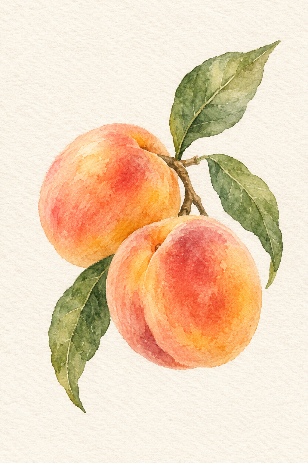 AI teaching illustration of peaches and leaves on warm ivory paper-style grain