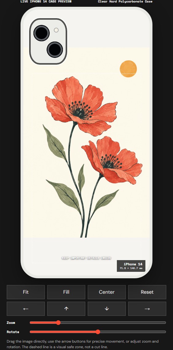 CasePop live editor showing the floral demonstration illustration fitted to an iPhone 14 case