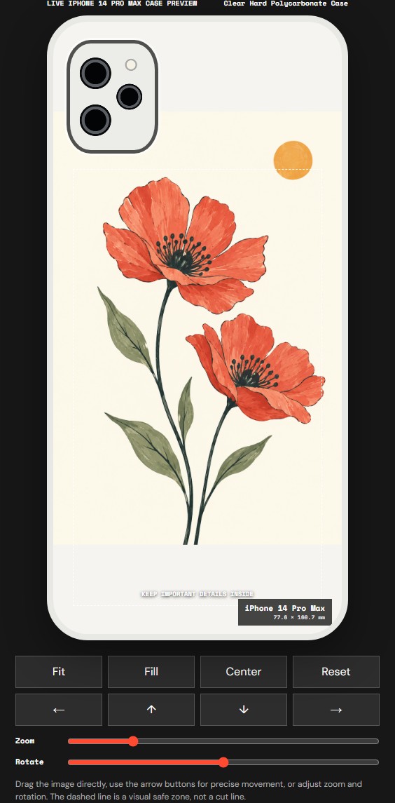 CasePop live editor showing the same floral demonstration illustration fitted to an iPhone 14 Pro Max case