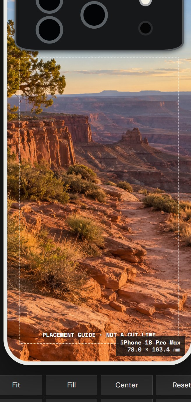 Actual CasePop editor preview of the same desert landscape on iPhone 18 Pro Max with the camera placement guide visible